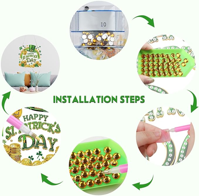 NEWENMO DIY Hanging Diamond Art Pendant Painting Kit, Happy St. Patrick's Day, Special Shaped Crystal Gem Craft Painting Kit Ornament, Diamond Ornament for Home Garden Wall Hanging, Lucky Gold Coin