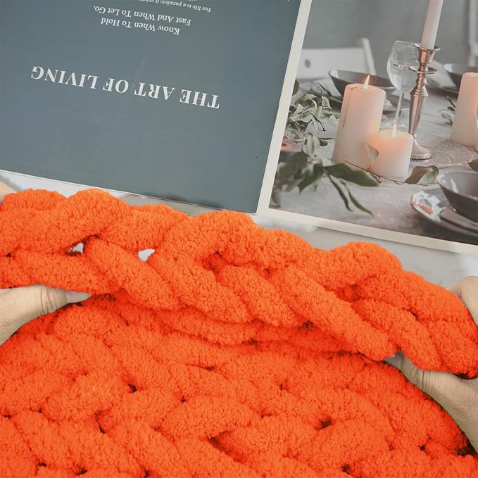Chunky Chenille Yarn for Hand Knitting and Blankets, Super Soft Jumbo Yarn Pack for Crocheting, Bulky DIY Projects, 8 Skeins, Rust Orange