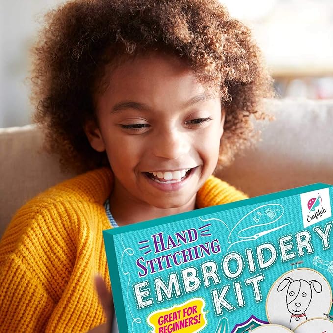 CraftLab Embroidery Kit for Kids - Beginner Sewing Kit with 10 Projects, Hoops, Thread, Patterns