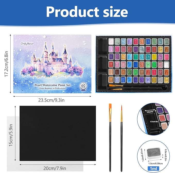 Mini Glitter Watercolor Paint Set with Paper, 60 Colors Shimmer Metallic Watercolour Painting Sets, Solid Pearl Water Color Paints, 1ml Trial Package(1ml 60 Colors)