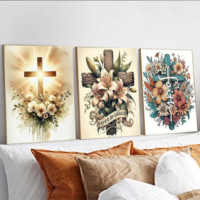 igoodom 3 Pack Cross Diamond Art Kits for Adults, Religious Diamond Painting Kit, Full Drill Round Diamond Art Kits, DIY Gem Art and Crafts for Home Wall Decor Gift 12x16inch