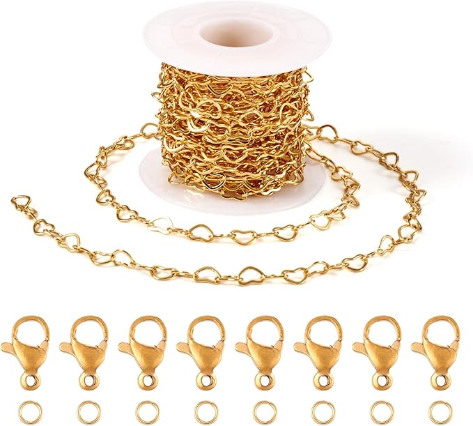 Sparkeads 5M Real 18K Gold Plated Golden Chain for Jewelry Making,Brass Heart Link Chains,Golden Link Necklaces for Women,Cable Chain with Lobster Claw Clasps for Bracelet DIY Jewelry Kits,6x8x0.5mm