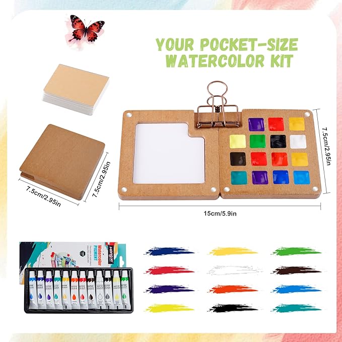 Watercolor Paint Set 12 Colors, 15-Compartment Mini Travel Watercolor Kit with 5 Brushes & Sketchbook, Portable Wooden Box with Color Storage Case for Plein Air & Urban Sketching