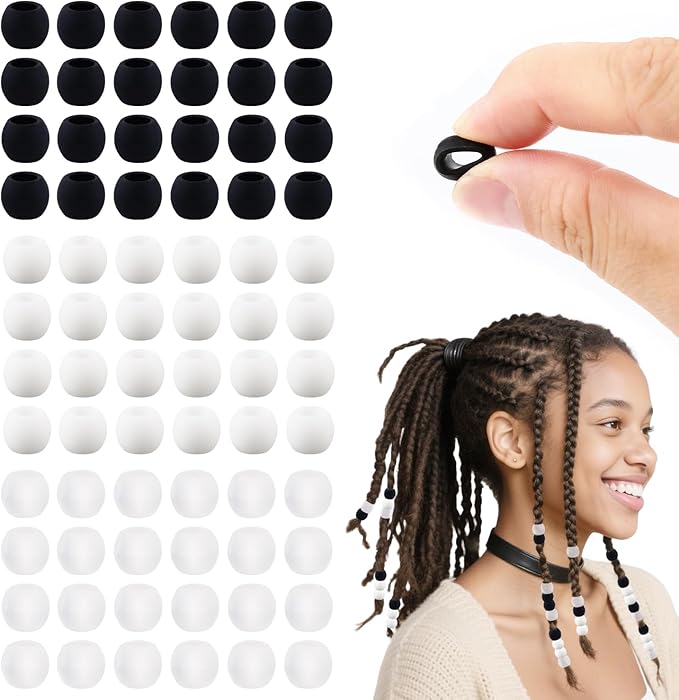 AD Beads 216PCS 6x9mm DIY Soft Pony Silicone Beads for Hair, Black + White Series with 80 Elastic Bands, Tool and Storage Box Kit for Braids, Bracelet, Crafts.