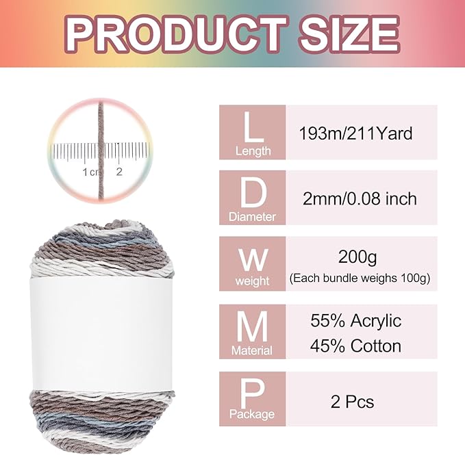 MECCANIXITY Cotton Acrylic Yarn for Crocheting, 422 Yard 5 Ply Soft Gradient Yarn Acrylic 45% Cotton 55% Used for DIY Knitting Blankets Scarves(2 Packx100g,Beige,Brown,Gray)