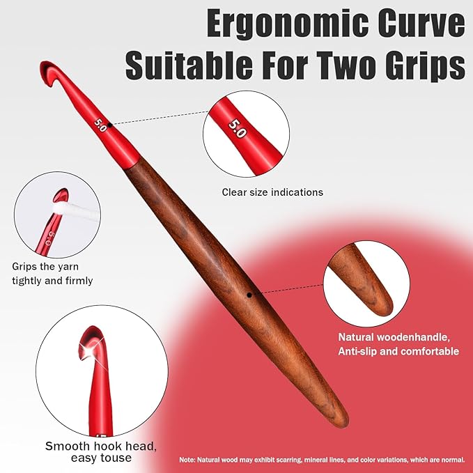Giwrmu Crochet Hooks, 5mm Ergonomic Crochet Hooks for Arthritic Hands, Colored Aluminum Crochet Hook with Wooden Handle for Knitted Dolls, Gloves, Sweaters, Blankets - Available in 3mm-7mm