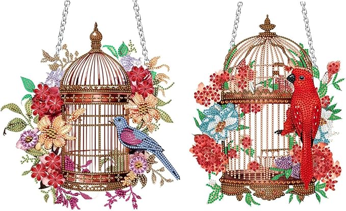 Generic Flower Birdcage Design DIY Diamond Art Painting Wreath Kits Special Shaped Rhinestone Diamond Art Window Pendants Home Garden Wall Hanging Kits (Single Side Point Drill) (#08)