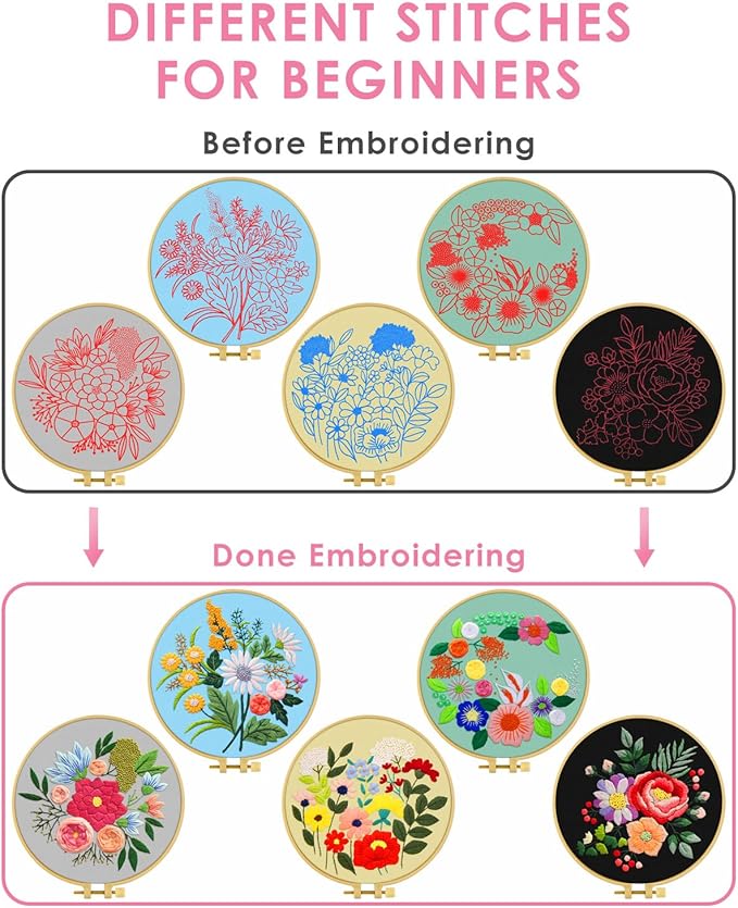 TINDTOP 5 Sets Embroidery Kit for Adults, Floral Embroidery Practice Kit for Beginners Include Embroidery Cloth Hoops Threads for Craft Lover Hand Stitch