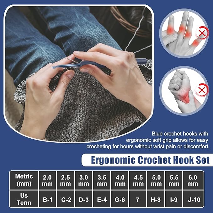 Coopay Dark Blue Crochet Hooks Ergonomic Soft Grips, 9PCS Crochet Set Aluminum Crochet Needle for Beginners/Professionals, Ergonomic Crochet Hook Set for Arthritic Hands, Ideal Crochet Accessories