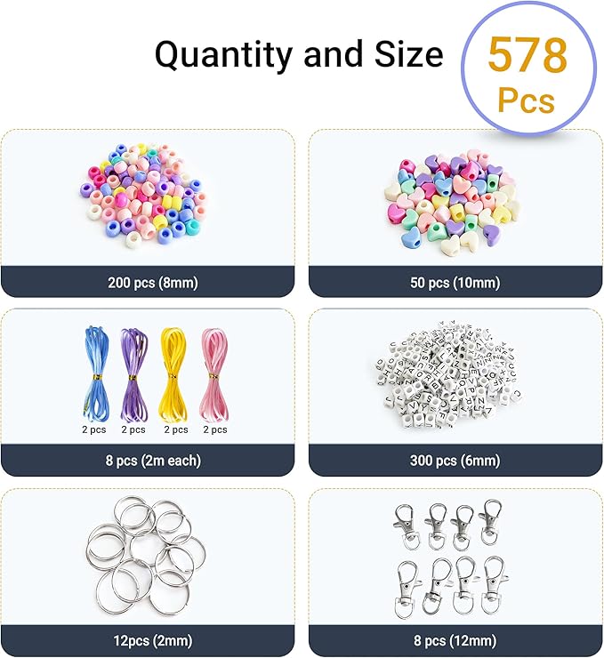 BIGCOMER 578Pcs DIY Bead Keychain Making Kit – Alphabet Letter Beads & Key Rings Set – Custom Backpack Charms, Phone Straps & Arts Crafts Gifts for Kids & Adults