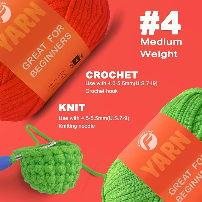 2 x 3.5Oz/120yds Beginner Easy Yarn for Crocheting and Knitting;Worsted-Weight Medium #4;Cotton Blend Yarn for Beginners Amigurumi DIY (Red+Green)