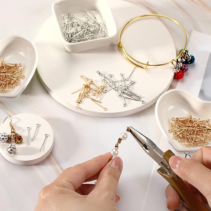 Junkin 1400 Pcs Eye Pins Mix Jewelry Findings 0.63 * 0.79 * 1.18 in Open Eye Head Pins Findings for Jewelry Making DIY Necklace Bracelets(Gold, Silver)