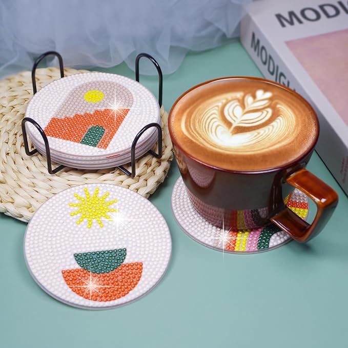 Vcekract Diamond Painting Coasters, 6 Pcs Diamond Art Coasters with Holder, Diamond Art Kits for Adults, Diamond Painting Kits Crafts for Adults
