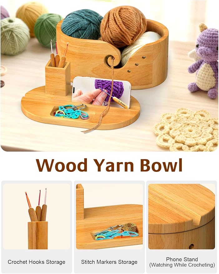 Oval Yarn Bowl Set with Lid, Crochet Yarn Holder with 9pcs Knitting Hooks, Large Wooden Yarn Storage with Phone Stand & Crochet Accessories, Double Curling Slot, Ideal Gift for Crochet Lovers