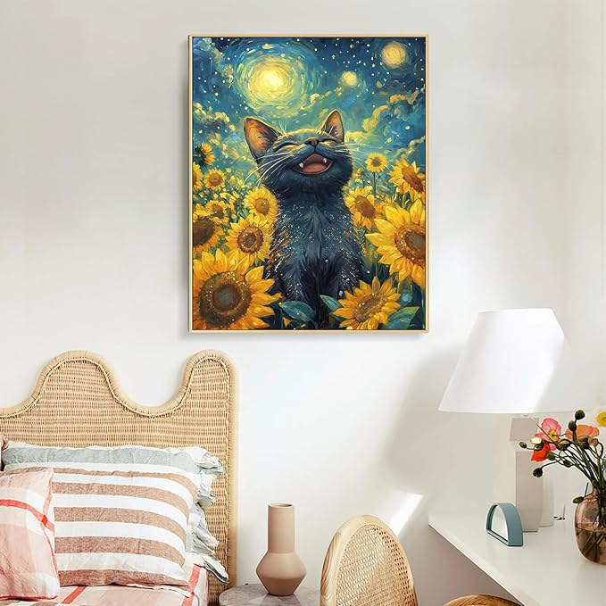 Offito Paint by Numbers Kit for Adults - Sunflowers Black Cat Acrylic Adult Paint by Number Kits on Canvas for Beginner, Starry Night DIY Oil Painting by Numbers for Adults Kit for Decor Gift 16"x20"