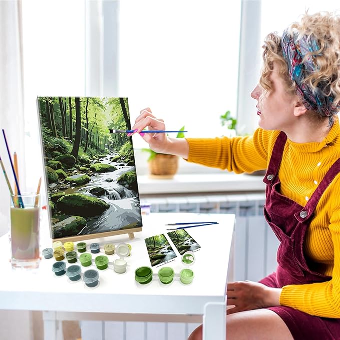 JOOZ Paint by Numbers Kit for Adults with Frame Landscape Paint by Number with Easel Forest Adult Paint by Number Kits Framed Canvas Tree Oil Painting Kits for Gift Home Wall Decor 8x12 Inch