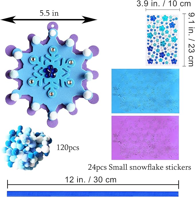 MLOLM 24 Sets Winter Snowflake Crafts Kit DIY 3D Christmas Snowflake Ornament Craft Kits Make Your Own Snowflake Sticker Pompoms for Winter Christmas Holiday Home Activities Party Favors