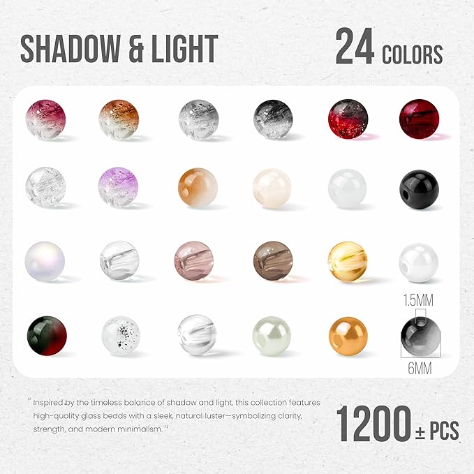 1200PCS 6mm Glass Beads Bracelet Making Kit, 24 Colors Assorted Black and White Gray Series Crystal Beads for Bracelet and Jewelry Making, Round Bracelets Beads for Friendship Bracelets DIY Crafts