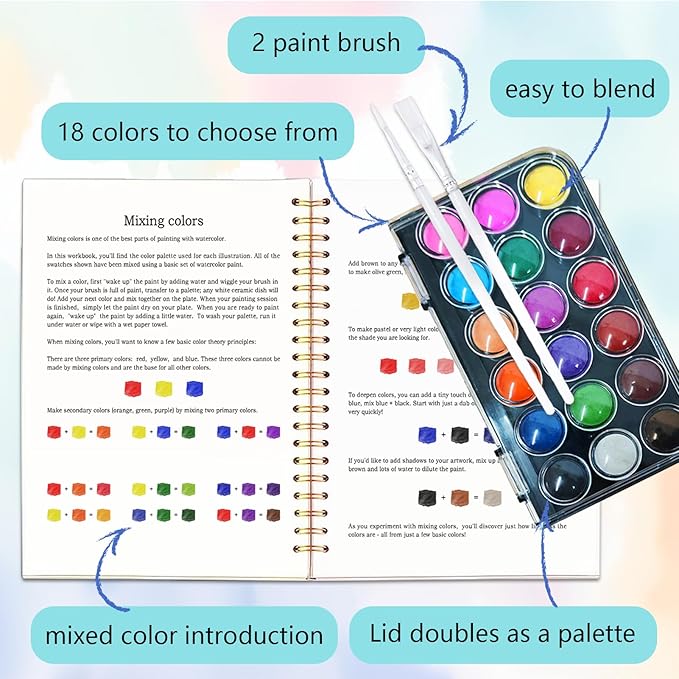 Easy Watercolor Workbook for Beginners - 12 Beautiful Step-by-Step Paintings Water Coloring Book, Includes 18 Colors Paints, Relaxing Art Projects and Creative Gift for Adults & Teen (Cats)