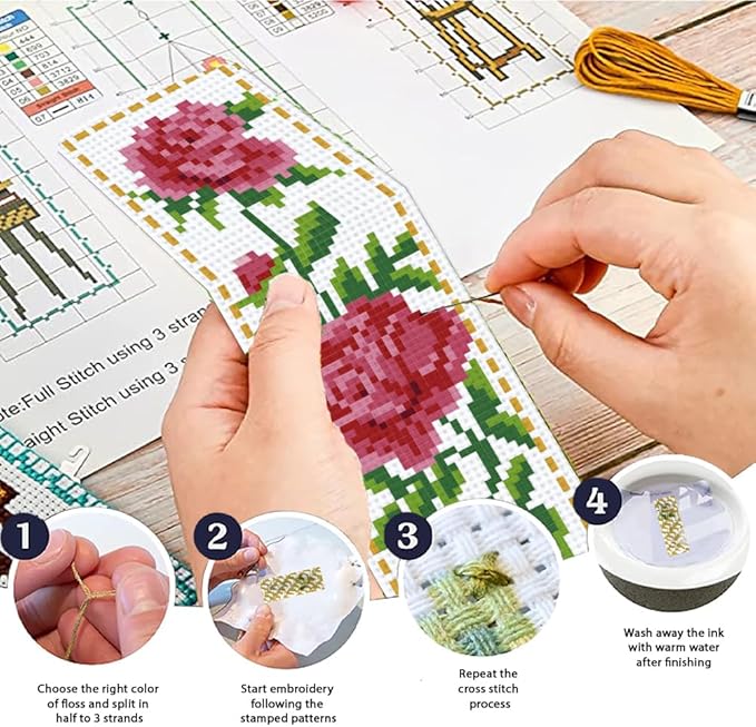ACRNIGHEET 6PCS Cross Stitch Bookmark Kit for Beginner Flower Pattern Stamped Cross Stitch Kits for Adults Crossstitch Kits Adult Bookmarks with Instructions Hand Embroidery Craft Gift 8''x2.4'' 11CT