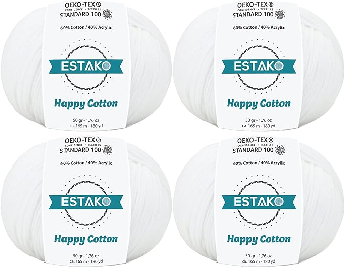 Estako Happy Cotton, (4 Skeins Pack) 60% Cotton 40% Acrylic Yarn, Soft, Fine/Sport (2) for Crochet and Knitting (4 x 1.76 Oz) / (4 x 180 Yrds) (4110 - White)