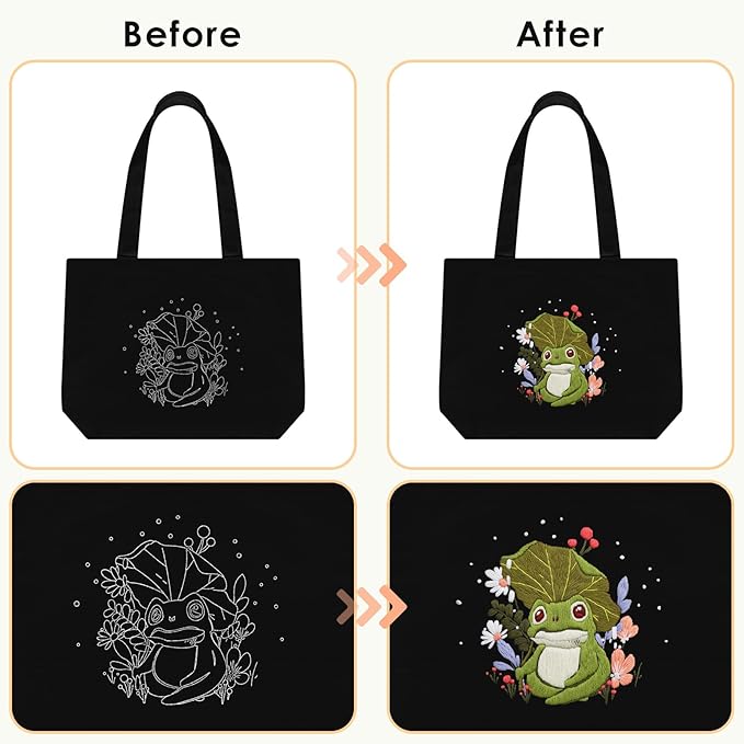 ERKOON Embroidery Canvas Tote Bag for Beginners, Floral Arts Crafts Cross Stitch Kits for Adults Including Stamped Embroidery Bag with Hoops, Needle, Instruction and Color Threads (Frog)