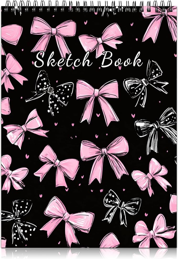 Cabreche Cute Sketchbook Top Spiral Bound Sketch Pad, 9 x 12 inch,100GSM Thick Paper,50 Sheets 100 Pages,Art Sketch Book Artistic Writing Drawing Paper for Girls Women Beginners-Black Pink Bowknot