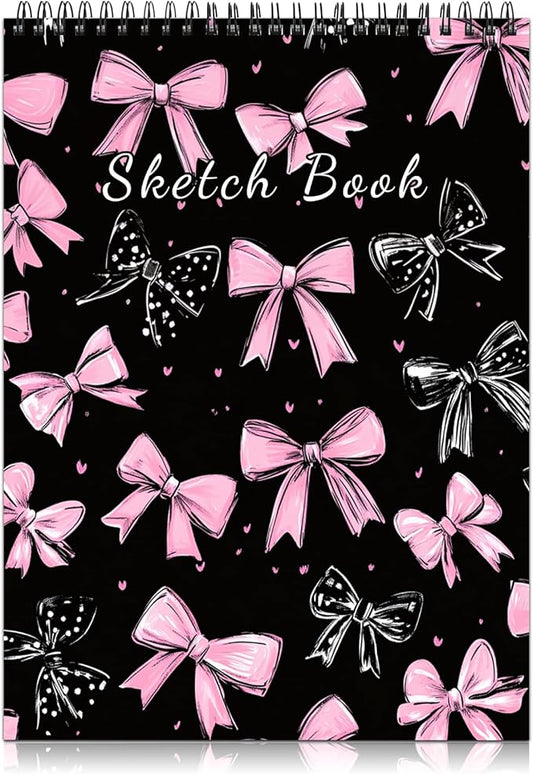 Cabreche Cute Sketchbook Top Spiral Bound Sketch Pad, 9 x 12 inch,100GSM Thick Paper,50 Sheets 100 Pages,Art Sketch Book Artistic Writing Drawing Paper for Girls Women Beginners-Black Pink Bowknot