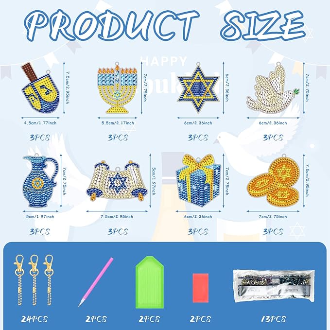 Cinrobiye 24 Pcs Hanukkah Diamond Painting Keychains Kits Chanukkah 5D DIY Art Pendants Double Sided Hanging Ornaments Rhinestone Mosaic Making Set for Hanukkah DIY Party Favors Decor Supplies
