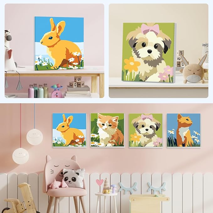 NEWENMO 4 Pack Paint by Number for Kids with Wooden Frame, Cute Rabbit, Cat, Dog Paint by Numbers for Kids Ages 8-12, Animal, DIY Acrylic Oil Painting for Beginners for Home Wall Decor 8X8 inch