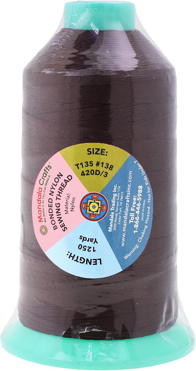 Mandala Crafts Size 138 420D T135 Bonded Nylon Thread - Dark Brown 1250 YDs Tex 135 Heavy Duty Sewing Threads for Leather, Jeans, Weaving, Outdoor Marine Upholstery