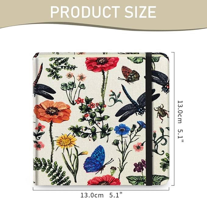 Mifuner Small Square 4.8x4.8 80gsm Mini Notebooks Blank Pages Sketchbooks Travel Journal Pocket Hardcover Paint Writing Notebook Blank Diary Memo Planner Sketchbook Fabric Cover, Dragonfly