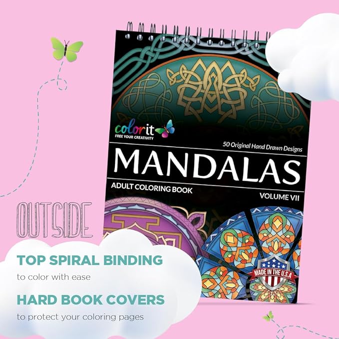 ColorIt Mandalas Volume VII Spiral Bound Adult Coloring Book with 50 Mandala Patterns for Relaxation and Stress Relief - Includes Perforated Pages, Thick Paper, Hardback Covers, and Blotter Page