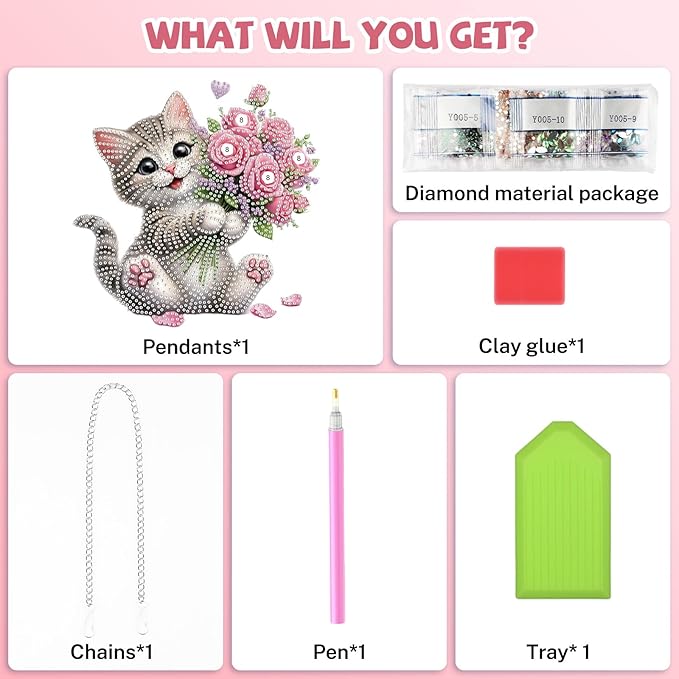 Bowetile Cat Diamond Art Hanging Kits for Adults, Diamond Art Suncatchers Flowers, 5D Special Shape Diamond Painting Pendant Window Ornament Valentine's Day Gifts for Home Wall Decor