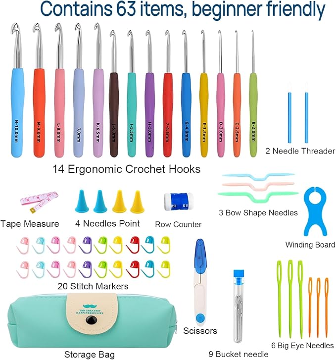 VOLYAR 14 Size Crochet Hook Set with case, 63 Pack Ergonomic Crochet Set 2mm(B)-10mm(N),Crochet Kit for Beginners, Long Crochet Needles