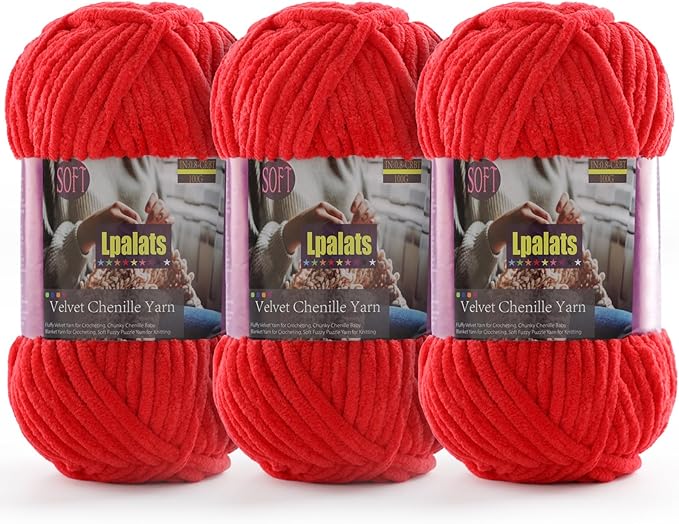 Baby Blanket Yarn for Crocheting Soft - 3 Pack of 100g/3.5oz Chunky Chenille Yarn for Knitting Blankets Amigurumi - Super Bulky Yarns - 261 Yards Thick Plush Yarns (3, Red)