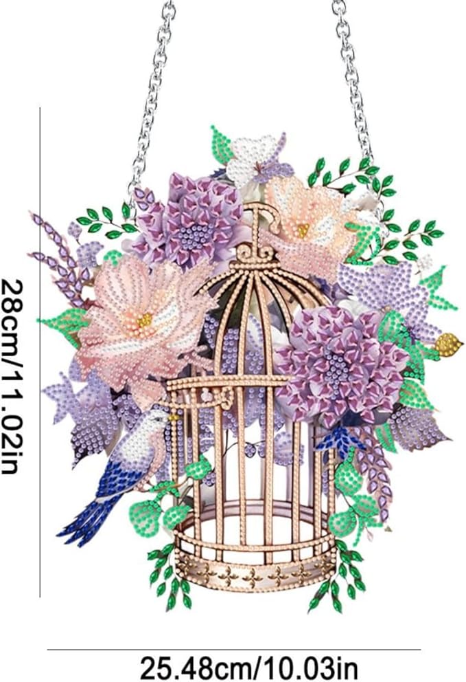 Flower Birdcage Design DIY Diamond Art Painting Wreath Kits Special Shaped Rhinestone Diamond Art Window Pendants Home Garden Wall Hanging Kits (Single Side Point Drill) (#11-Cat) (#02-Flower)