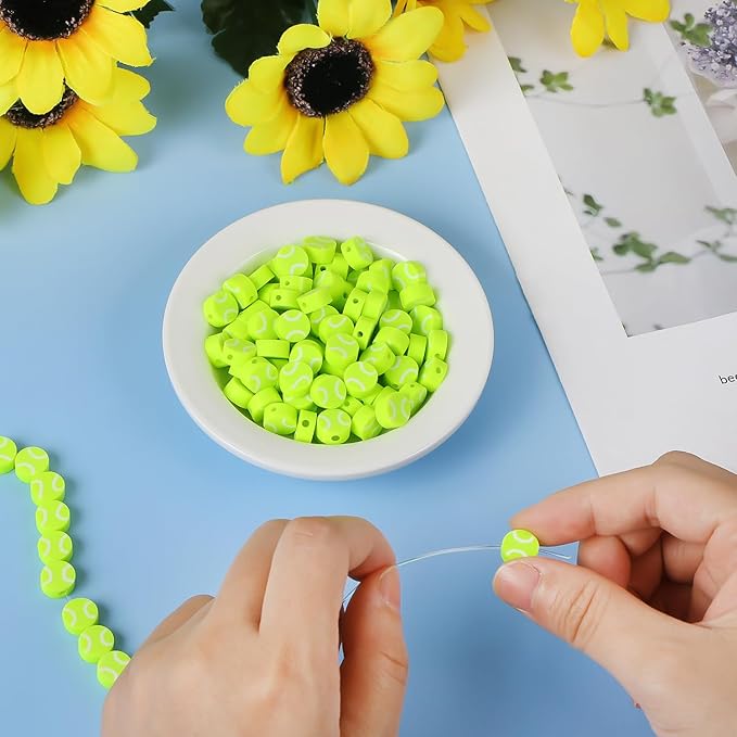 EVERMARKET 100pcs Tennis Ball Beads Polymer Clay Tennis Ball Beads Charms Spacer DIY Sports Bead for Necklace Bracelet Handmade Jewelry Making Accessories Supplies