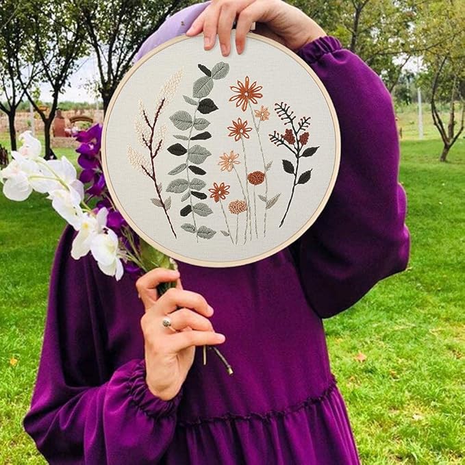 Uphome 3 Pack Embroidery Starter Kit for Beginners Stamped Cross Stitch Kits with Cute Flowers and Plants Patterns with 1 Embroidery Hoop and Color Threads for Adults Kids