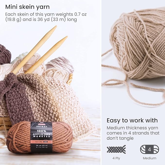 ARTEZA Acrylic Yarn for Crocheting, 20 Mini-Skeins of Worsted Yarn for Knitting in Dark Colors, Knitting & Crochet Supplies