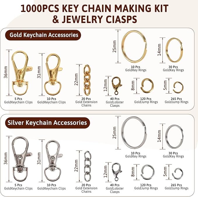 KIAFUM 1000-Piece Keychain Making Kit - Gold and Silver Lobster Claw Clasps, Key Rings, Jump Rings, Charms & Chains for DIY Craft Supplies, Jewelry Making, Bag Charms, and Lip Gloss Lanyards