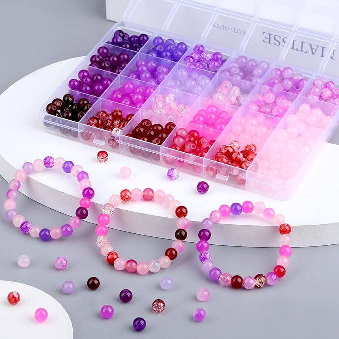 DUQGUHO 8mm Pink Purple and Red Beads for Bracelets Glass Beads for Jewelry Making 24 Colors Round Beads Bulk 520PCS