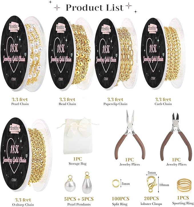 Ecoofor 18K Gold Jewelry Making Kit with Gift Box - 16.6ft 5 Rolls DIY Bracelet & Necklace Chains with 136 Pendants, Jump Rings, Lobster Clasps, Jewelry Pliers & Charm Making Kit, Christmas Gift