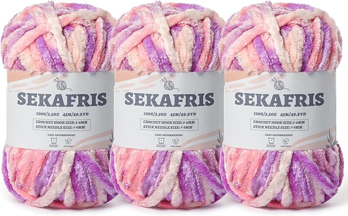 Fuzzy Chunky Chenille Yarn for Crocheting，Soft Plush Yarn for Hand Knitting，Bulky 3x100g（3x49.2 yd） Baby Blanket Yarn for Crocheting Amigurumi Yarns，Crochet Fluffy Velvet Yarns (Pink Purple)