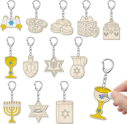 Trnayi 36 Pcs Hanukkah Crafts Color Your Own Wooden Hanukkah Menorah Keychains DIY Unfinished Unfinished Blank Wood Chanukah Dreidel Star Ornaments to Paint for Christmas Holiday Jewish Party Favors