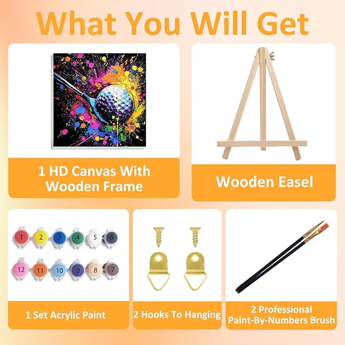 Paint by Numbers Kit for Kids with Frame, Golf Paint by Numbers for Kids Ages 4-8-12, DIY Golf Acrylic Oil Painting for Home Wall Art Decor Gift 7.8x7.8 inch (with Frame Wooden Easel)