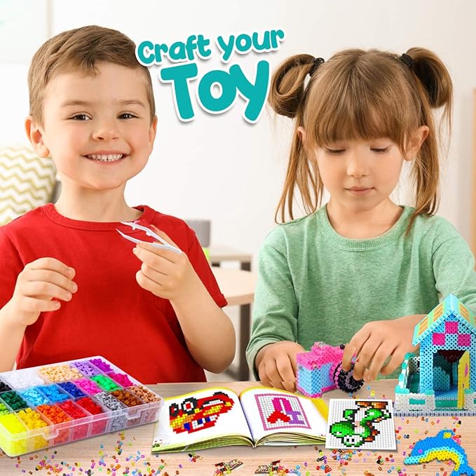 Goody King Arts and Crafts Fuse Beads Kit for Kids with Instruction - 5mm Pixel Art Melty Plastic Beads Set with 111 Patterns, 21 Assorted Colors Plus - School Teens Kids Age 4 5 6 7 8 and up