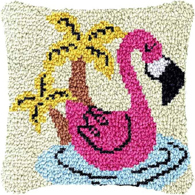 Yglnden Latch Hook Kits Pillow Flamingo Crochet Yarn Cushion Colour Pre-Printed Canvas Rug Needlework DIY Pillowcase Hook and Latch Kit Christmas Home Sofa Decoration 43x43cm/17X17inch