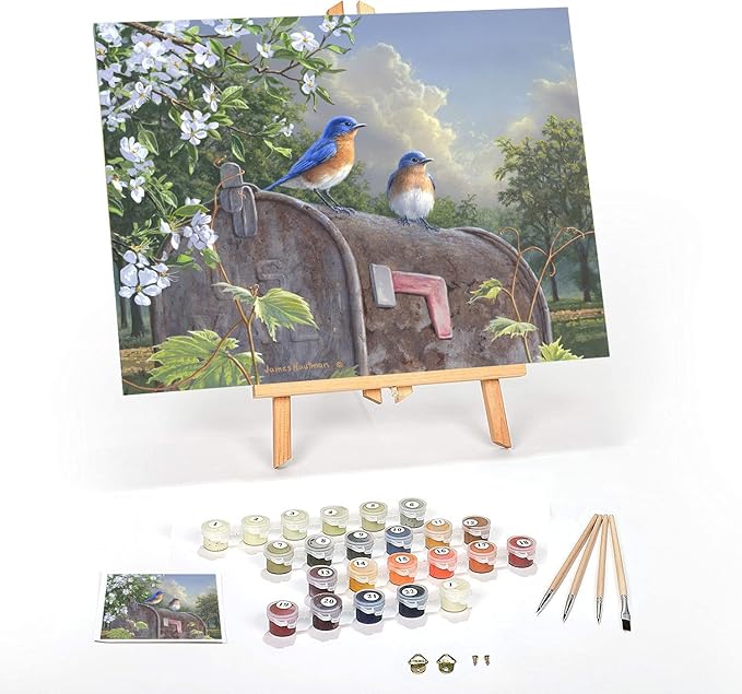 Ledgebay DIY Paint by Numbers Kit for Adults Framed Canvas Beginner to Advanced Paint by Numbers Kit Kits Include Acrylic Paint Set Brushes Tabletop Easel (Rural Route Bluebirds16 x 20" Framed)