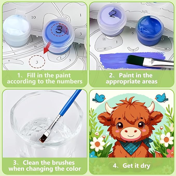 Reivworl Paint by Numbers Kit for Kids with Frame and Easel, Cow Paint by Number for Kids Age 6-8-12, Acrylic Paint by Numbers for Gifts and Home Decor (8X8inch)